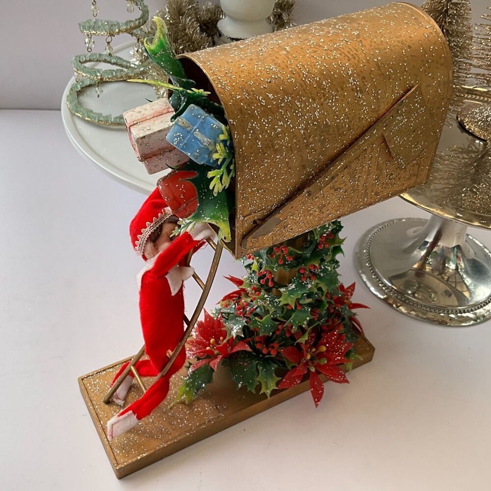Vintage 1950's kitsch Christmas center piece; mail box and elf made in Hong Kong